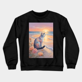 Floral Pastel Cat With Beach Sunset Crewneck Sweatshirt